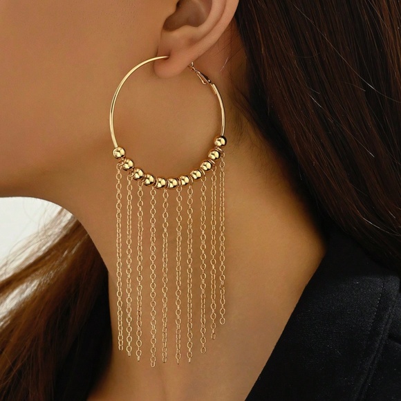 Jewelry - Boho Gold Tone Bead Tassel Dangle Hoop Earrings